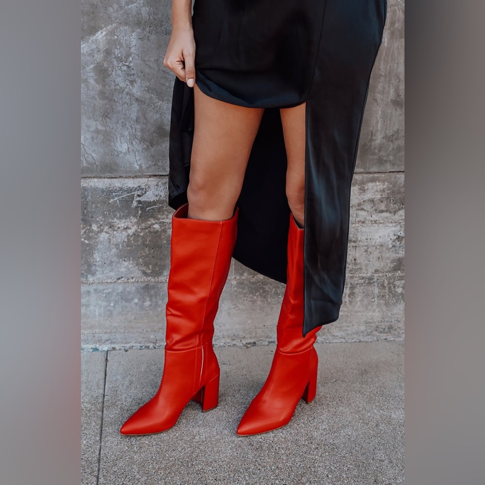 xxxSOLDxxx        Katari Red Pointed-Toe Knee High Boots.. Lulu’s.